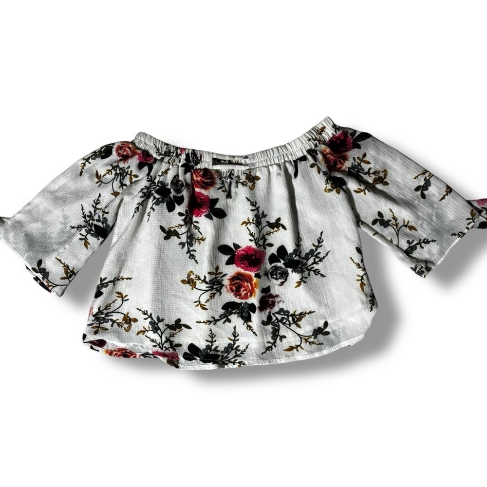 Unbranded Chic White Cotton Blend Floral Off-Shoulder 3/4 Tie Sleeves Blouse - Picture 7 of 16